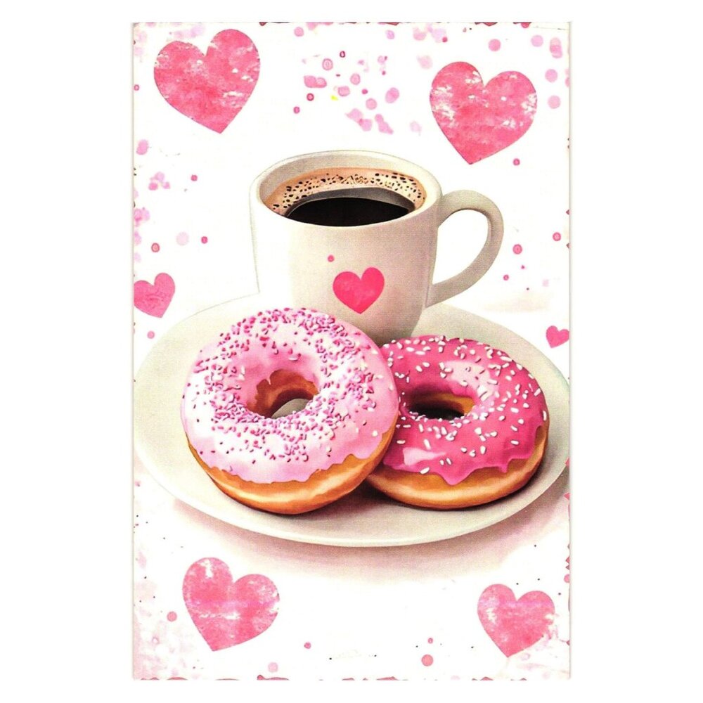 Pink Coffee Donuts Art Postcard Heart Pattern Blank Valentine Gift Holiday Love